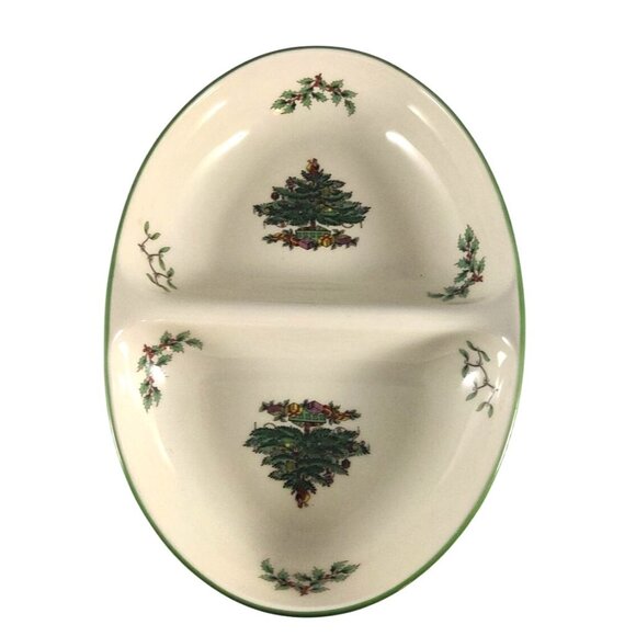 Vintage Spode Christmas Tree Divided Oval Dish 11.5" Porcelain Holiday Serveware - Picture 5 of 8